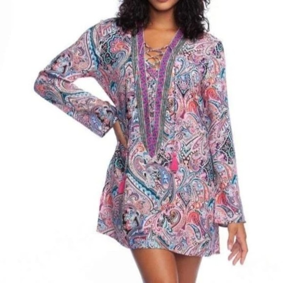 La Blanca Other - La Blanca Paisley Print Lace Up Long Sleeve Swim Coverup Tunic Size Medium